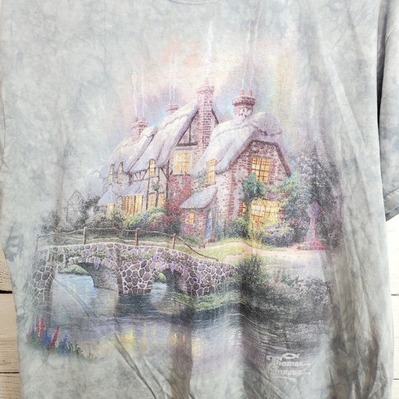 Thomas Kinkade Shirt Adult Large Blue Tie Dye Painting Cabin Woods Cotton USA - Picture 3 of 6